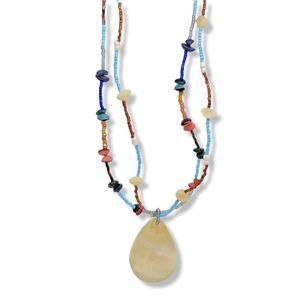 Double Strand Beaded Necklace with Ocean tumbled stones shell focal point 17"